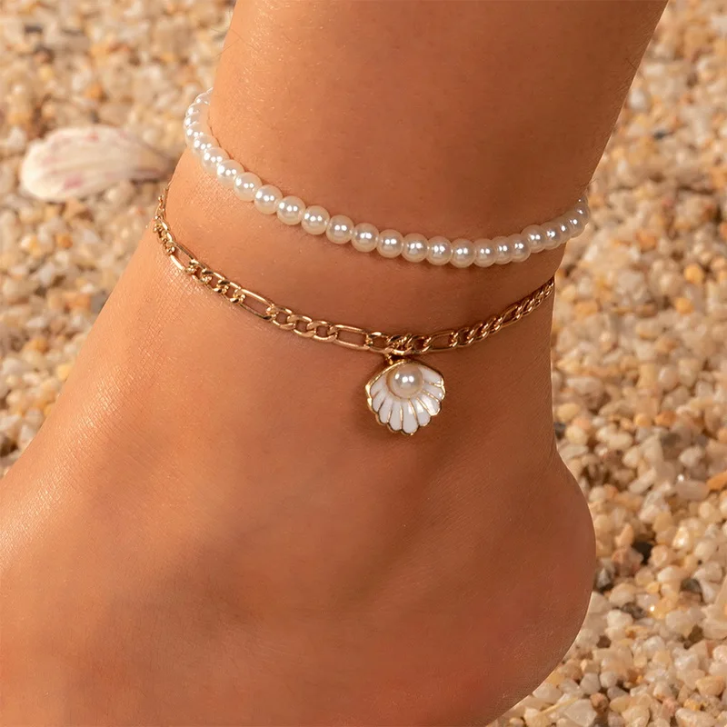 

Multi Layered Rice Bead Gold Color Shell Pendant Ankle Chains Boho Pearl Beads Anklet for Women Summer Blue Beach Foot Jewelry