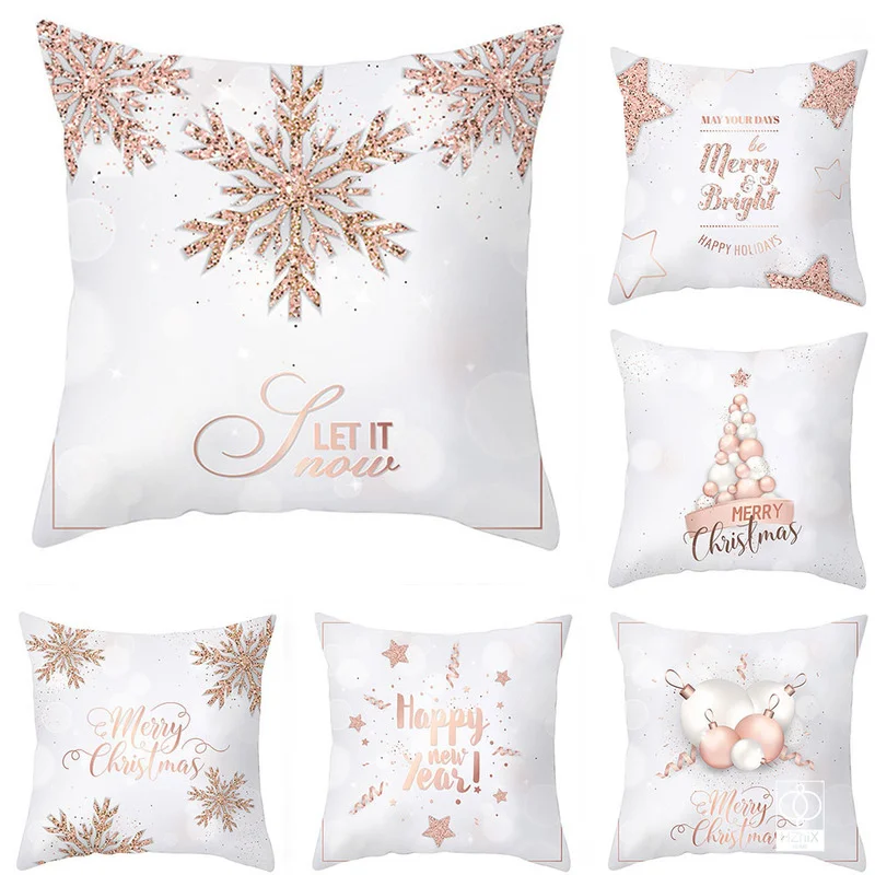 

New Christmas Cushion Cover 45x45cm Pink Romantic Geometric Pillowcase Merry Christmas Snowflake Pillow Cases Home Decoration