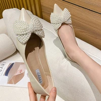 beads bow knot ballerina woman flats loafers pointed toe sneaker shoes women soft bottom pearl moccasins femme plus size 34 43