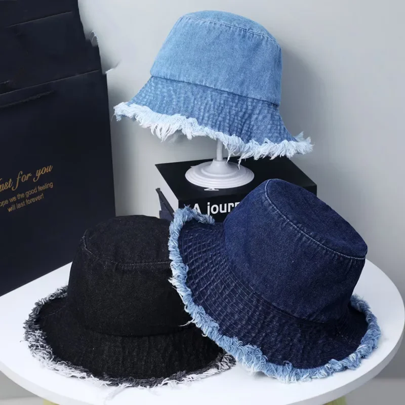Women's Spring Summer Thin Fishing Hat Washing Distressed Fringe Popular Pot Outdoor Denim Large Canopy Sunshade