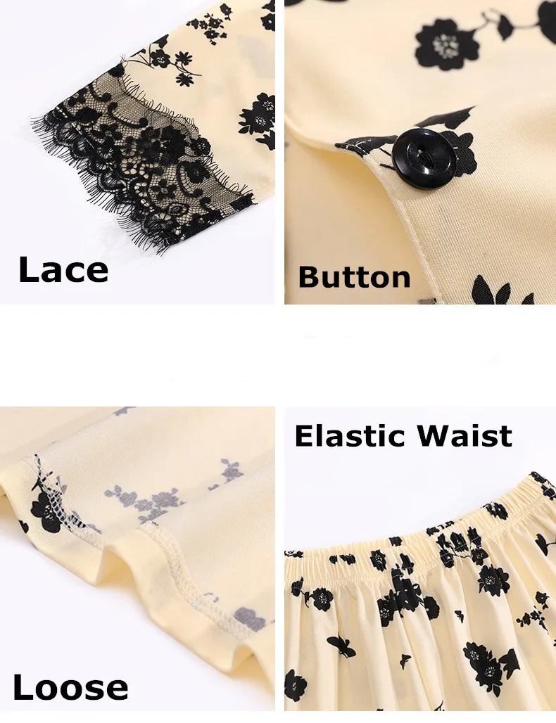 Yasuk Spring Autuum Fashion Women's Casual Print Lace Sleepwear Homewear Lovely Sexy Pajamas With Pants Soft Flower