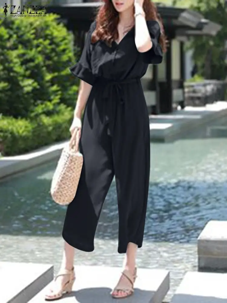 

2022 ZANZEA Ruffles Cuffs Half Sleeve Jumpsuits New Fashion Summer Ladies Wide Leg Playsuits Solid Streetwear Loose Overalls