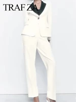 traf za womens fashion solid white set single button flap long sleeve blazer trousers commuter daily straight suit pants