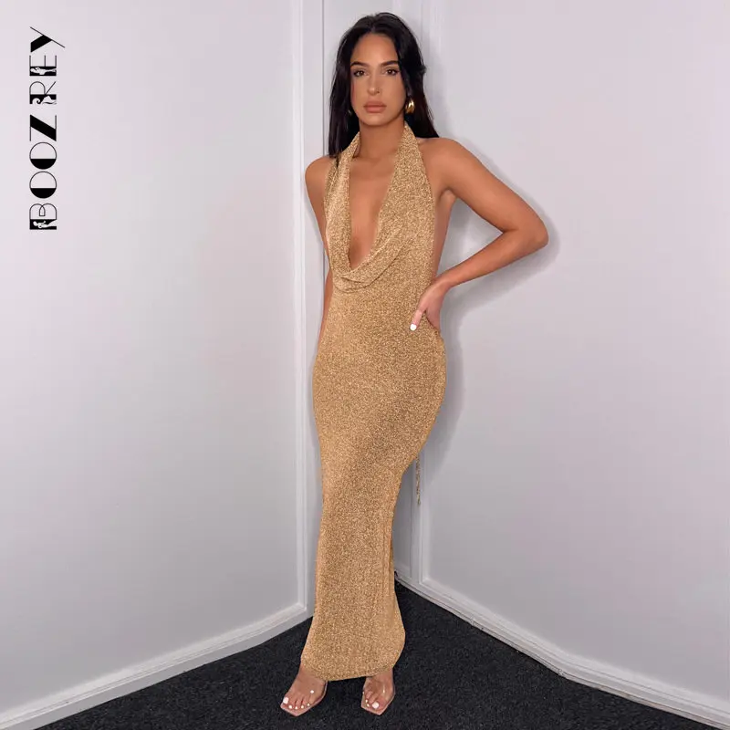 

BoozRey Summer Women's Halter Sexy Hollow Open Back Dress Elegant Bandage Evening Dresses Club Party Hollow Female Clothing