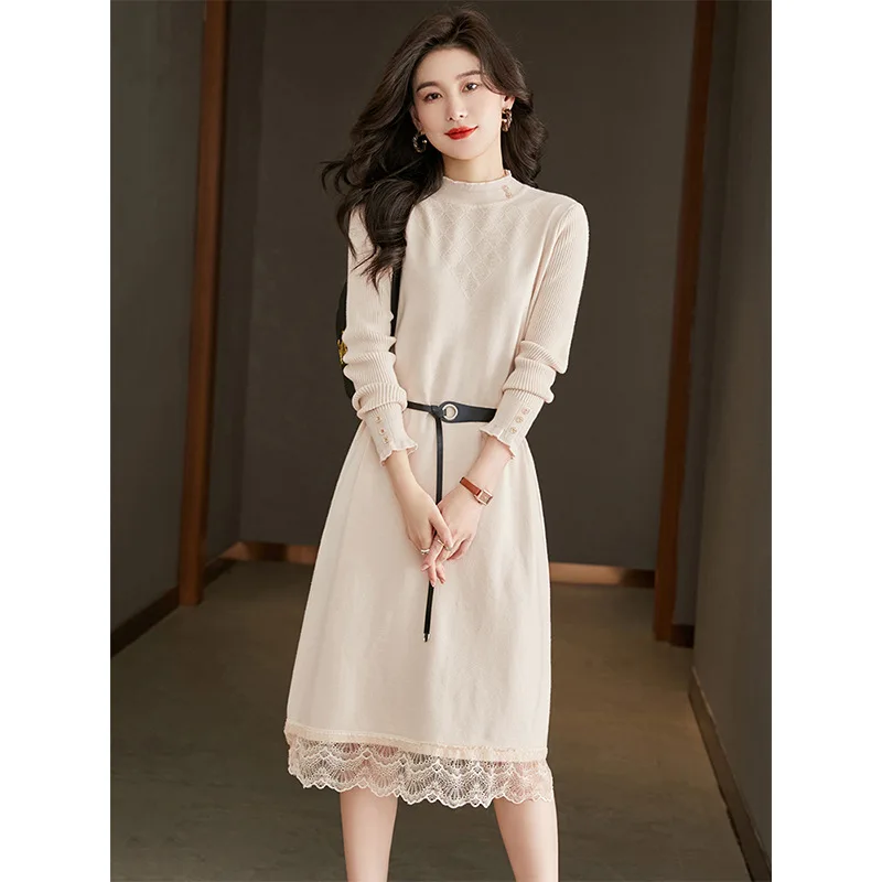 

Вязаное платье, средней длины, новый стиль на осень и зиму, высокое качество, свитер из французского кружева, юбка-низ