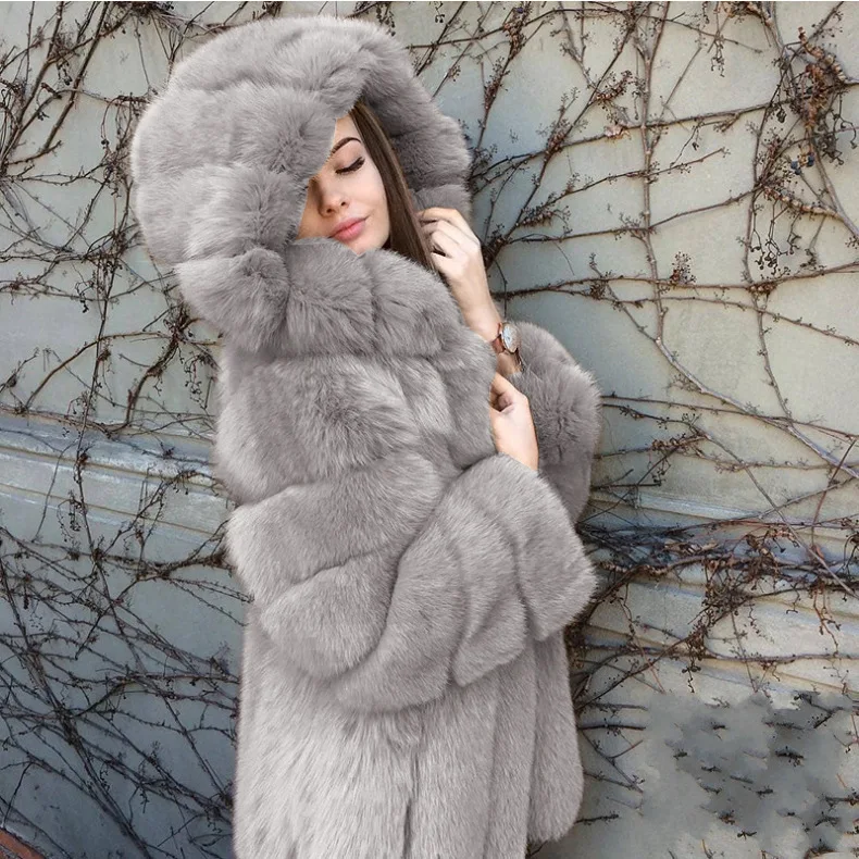 Women's Leather Fur Coat Fall Winter Fashion Hooded Fur Warm Imitation Fur Coat Top Women Faux Fur Coat