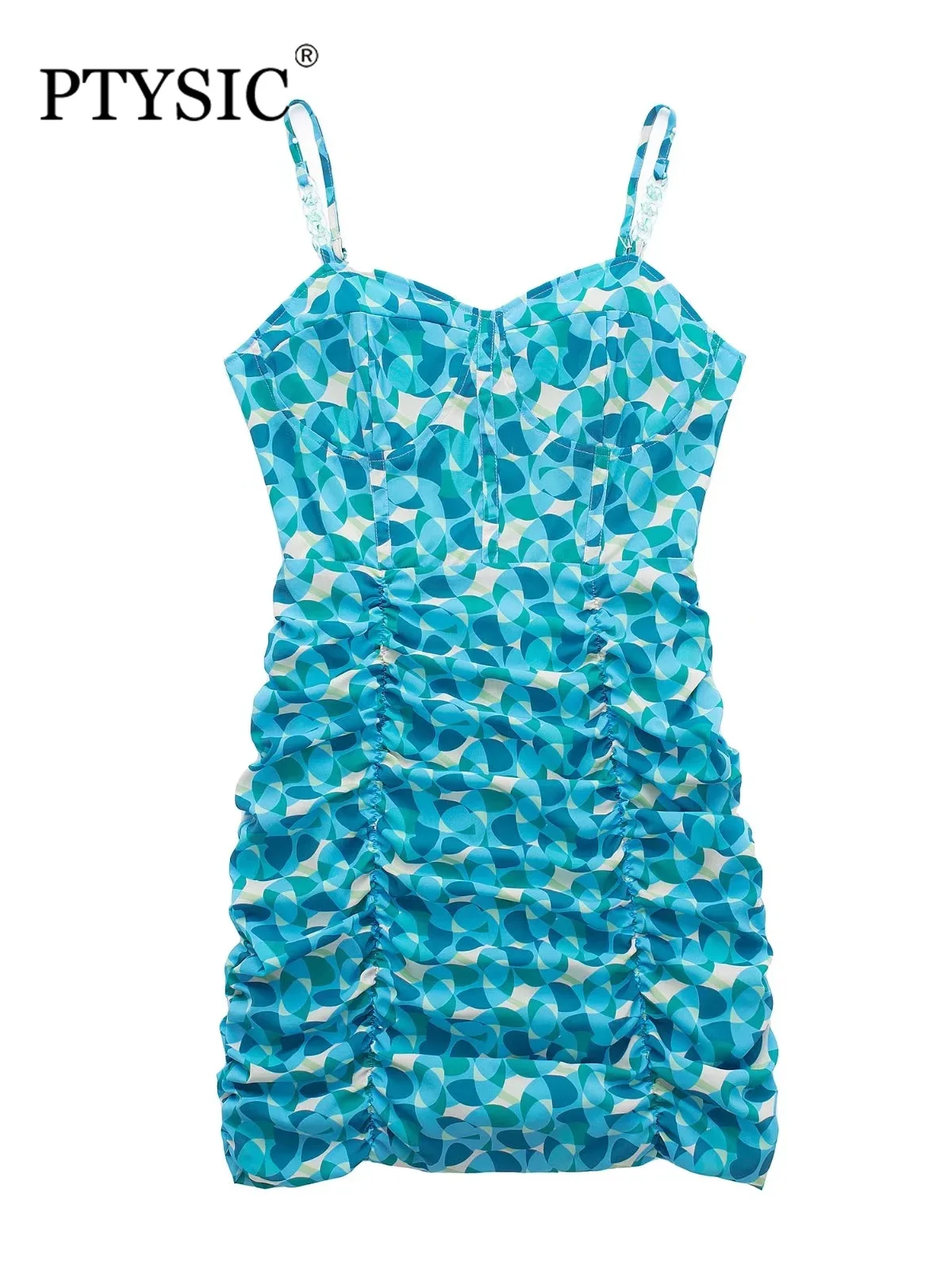 

Модное женское платье PTYSIC со складками и принтом, мини-платье без бретелек с лямкой на шее, летнее пляжное платье с молнией на спине, 2022