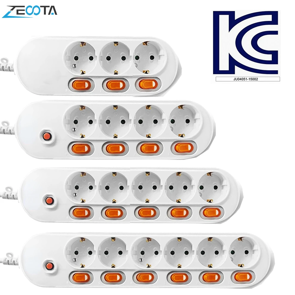 Power Strip Surge Protection EU Plug 3/5/6 Way Outlets 16A Electrical Extension Sockets Independent Control Switches 1.5/2m Cord