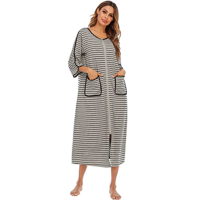 2023 New Autumn Winter Loungewear Comfortable Casual Loose Pajamas Seven-point Sleeve Large Size Pajama Striped Women Nightgown