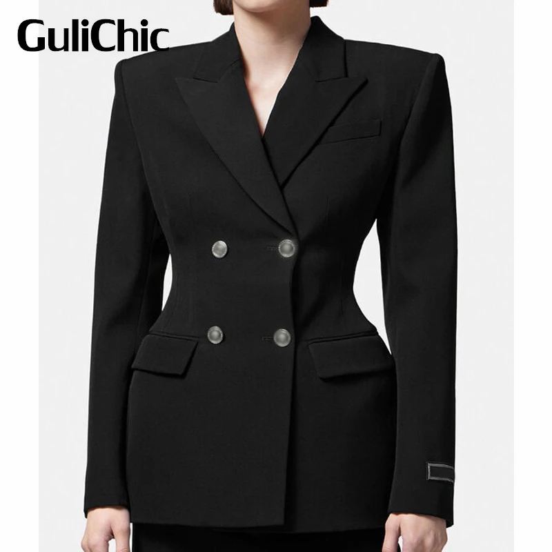

Женский офисный Блейзер GuliChic 9,18 года, двубортный черный блейзер с надписями, манжетами, английским воротником и наплечниками