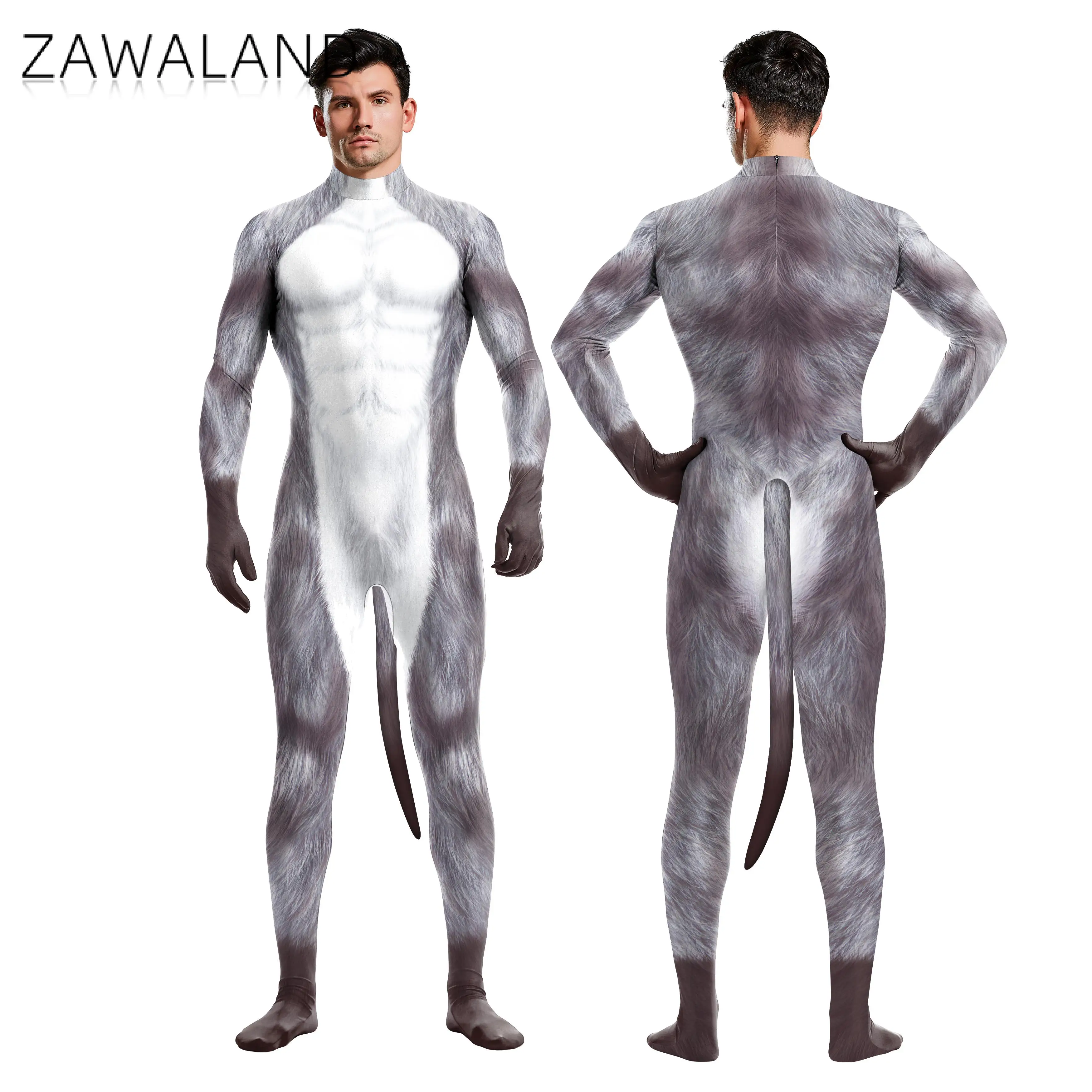 

Zawaland Festival Party Snow Wolf Printed Whole Costumes Animal Catsuit with Tail Zentai Cosplay Fitness Full Spandex Outfit