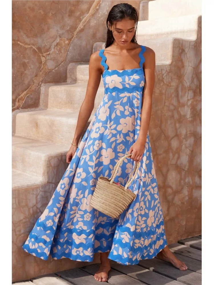 Летнее Длинное Платье на бретельках с принтом для женщин 2024 сексуальные пляжные