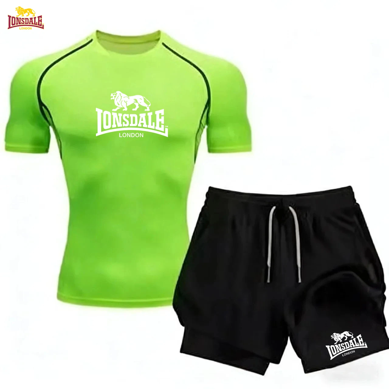 Фото LONSDALE - Мужская хлопковая спортивная одежда, быстросохнущие комплекты спортивной одежды, летние футболки с короткими рукавами, + комплект для утренних пробежек 2-в-1. №4