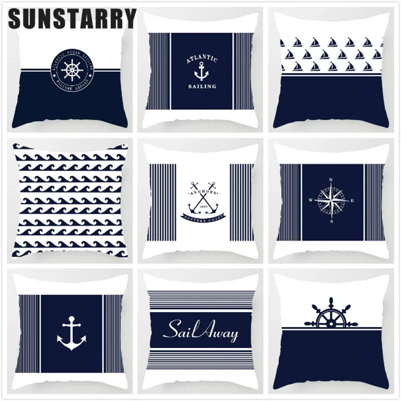 

Cushion Cover Sea Blue Compass Printed Anchor Pattern Marine Ship Throw Pillow Case Decorative Pillowcase Cojines Almofadas