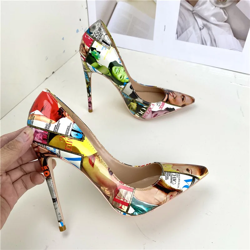 

Colorful Print Patent Leather Women's Pointed Toe Stilettos Sexy Ladies Banquet Slip-On High Heels 8cm 10cm 12cm Party Shoes