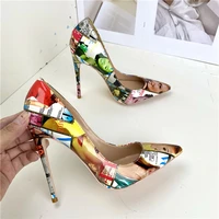colorful print patent leather womens pointed toe stilettos sexy ladies banquet slip on high heels 8cm 10cm 12cm party shoes