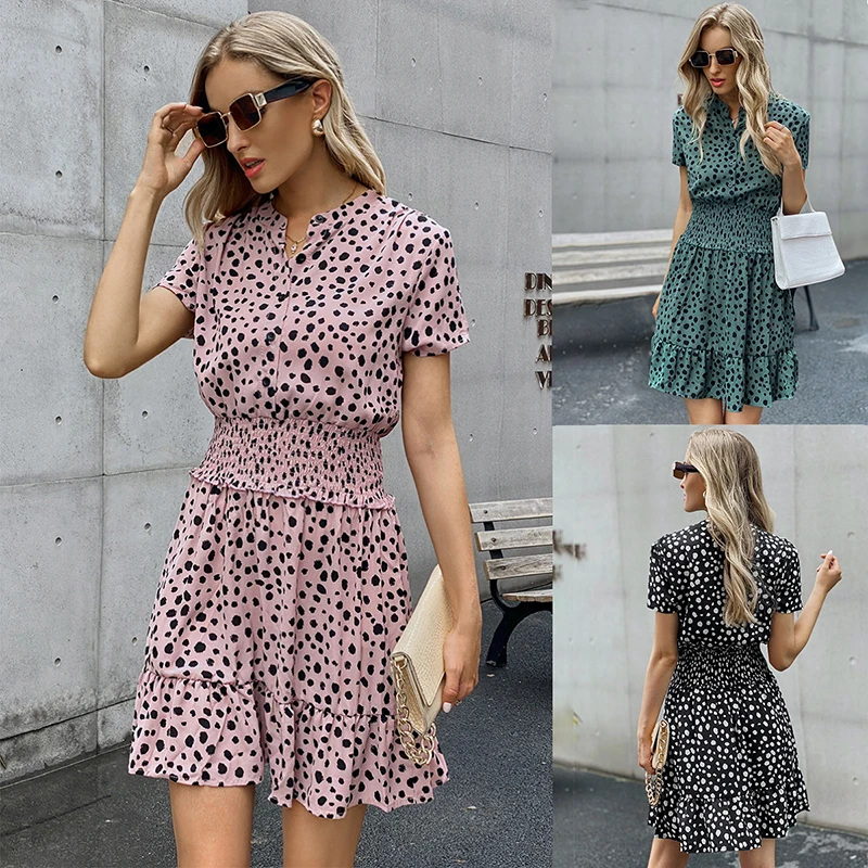 

Fashion O Neck Short Sleeve Elastic Waist Empire Women's Mini Dress 2022 Casual Elegant Dot Print Ruffles Ladies Dress Vestidos