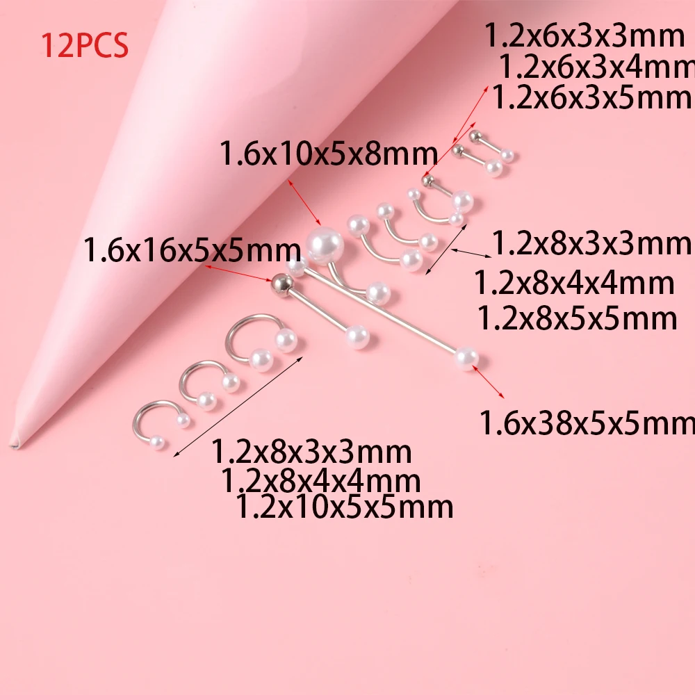 

12PCS/Lot Pearl Eyebrow Navel Tongue Nose Ring Ear Piercings Lip Labret Rings Tragus Barbell Piercings Body Jewelry For Gift