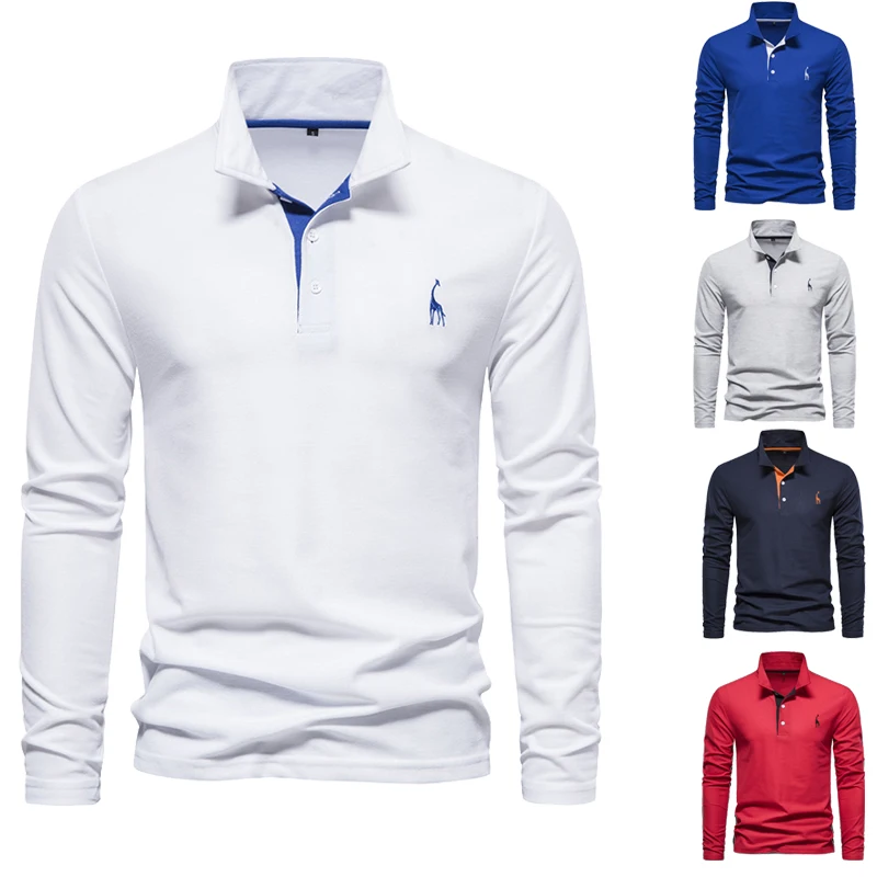 

Men's Polo Shirt Solid Color Fashion Casual Long Sleeve Casual Pullover Deer Pattern Embroidered T-shirt Business Duty Tops