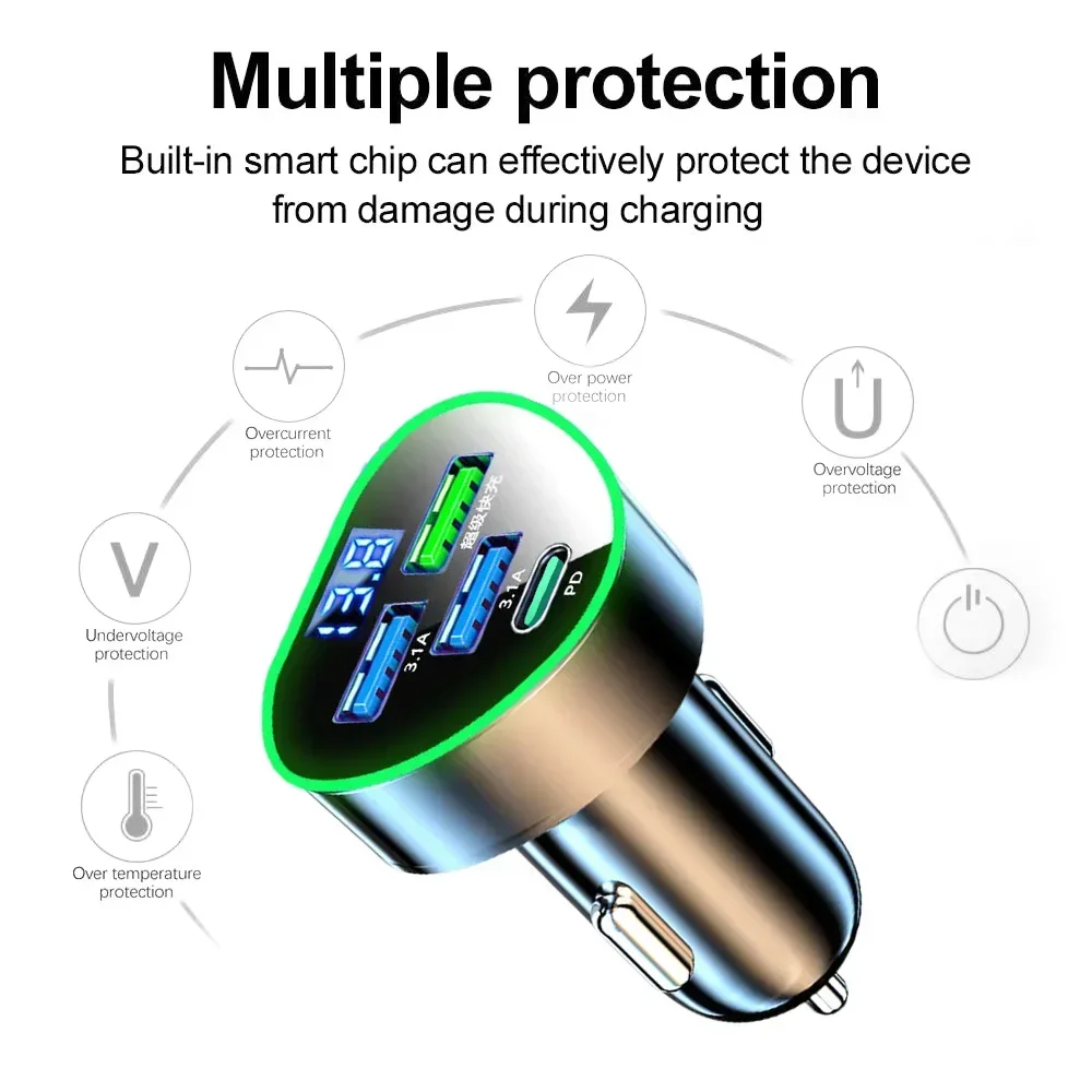 Автомобильное зарядное устройство PD с 4 USB-портами и поддержкой быстрой зарядки