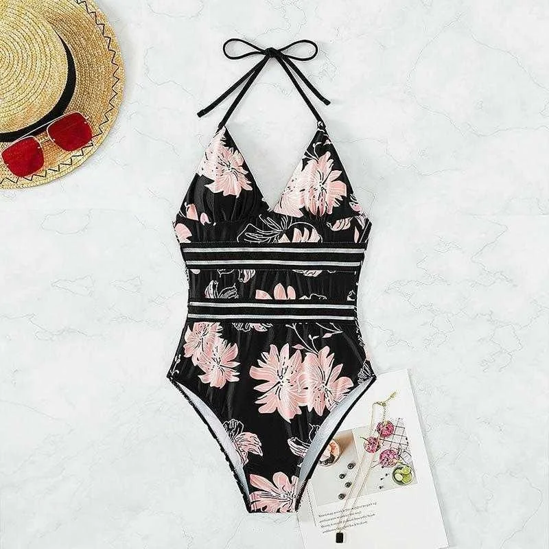 

Conservative Printed V Neck Halter Split Swimsuit Sexy Slimming Beach Women