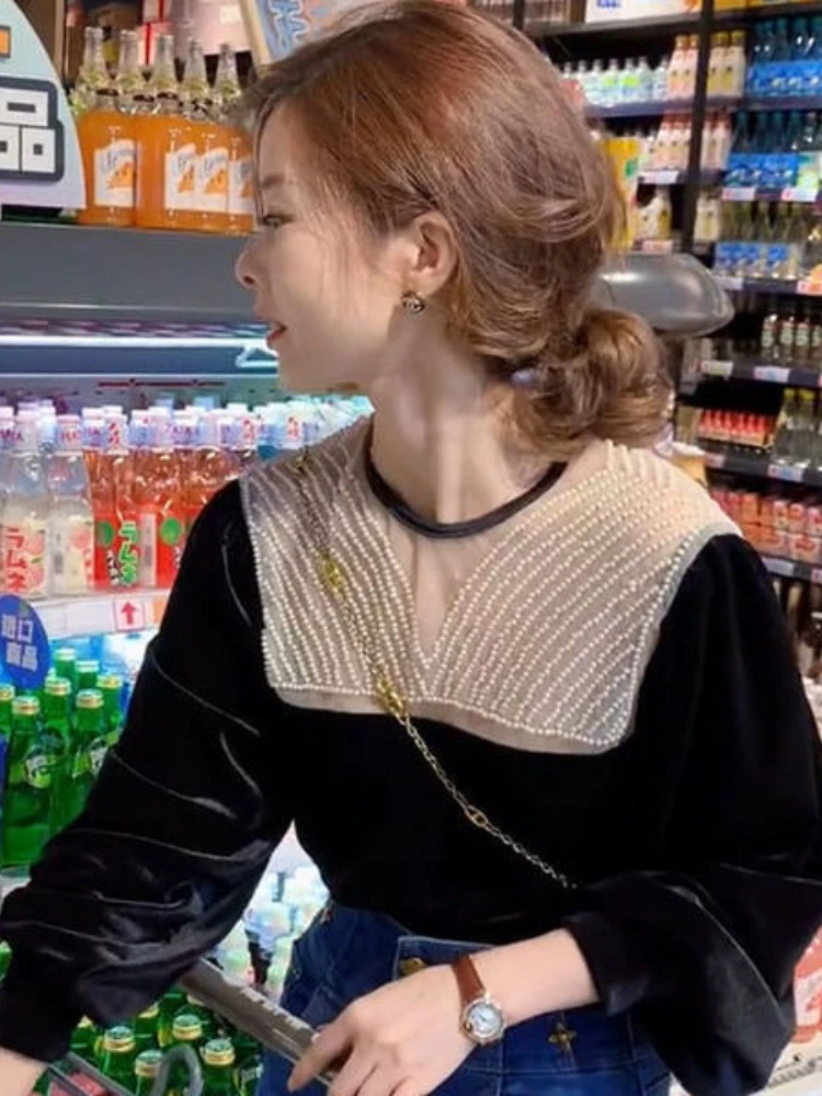 

Женская сетчатая эластичная блузка, повседневные топы и блузки свободного кроя с круглым вырезом и длинным рукавом, пикантная стрейчевая р...