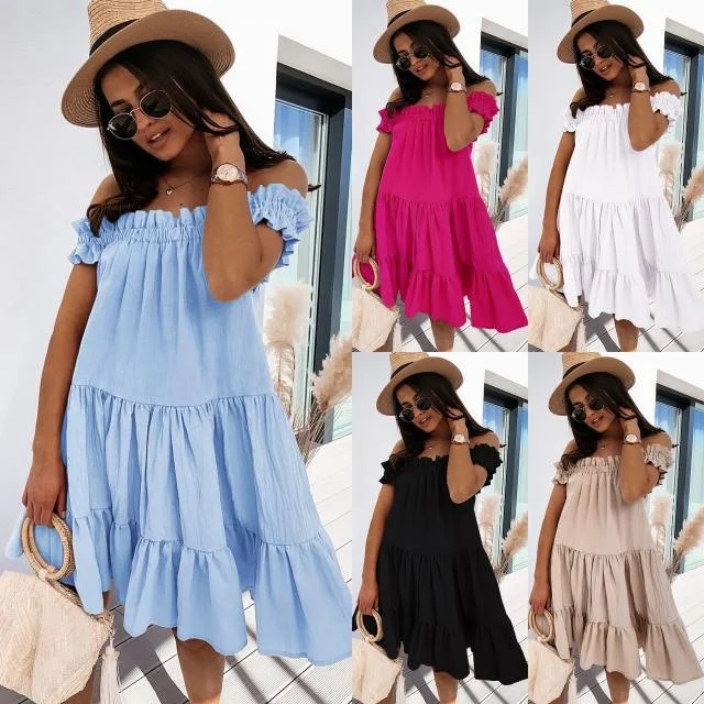 

2022 Fresh Sweet Sexy Off Shoulder Cake Skirt Ruffle Pleated Dress