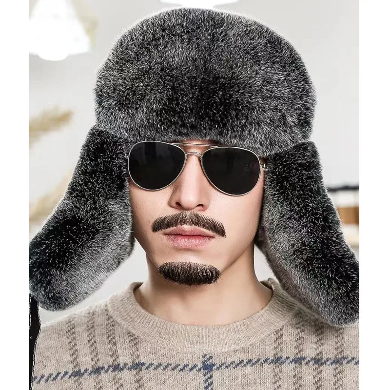 

Winter Men's Hat Lei Feng Hat Rabbit Fur Flying Hat Warm Windproof Riding Ski Ear Protection Cap Real Fur Hat Sheepskin Top Hat