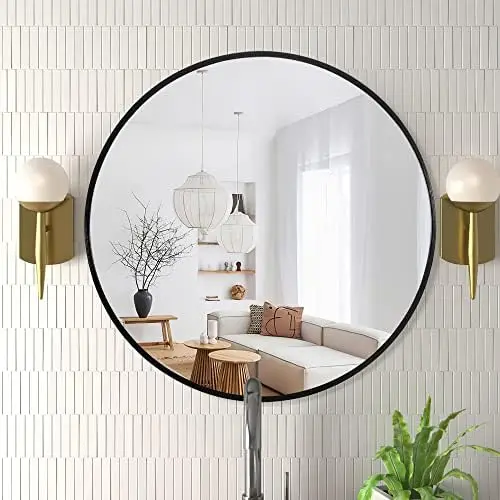 

Black Round Mirror 32inch Circle Mirror Aluminum Alloy Frame Mirror for Wall Large Hanging Decorative Mirrors for Bedroom Bathro