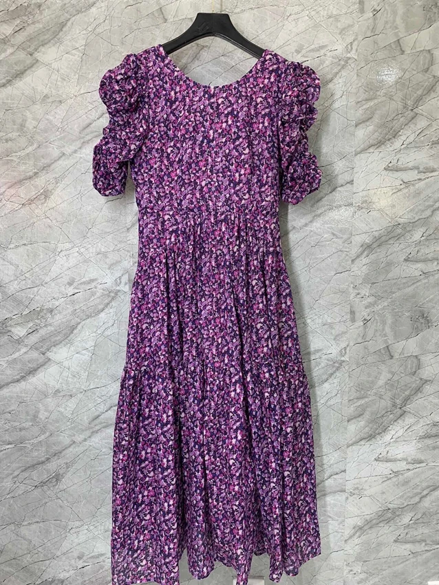 

2023 new women fashion floral bubble short sleeve round neck waist pendulum long dress casual holiday dress 0519