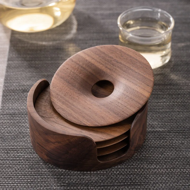 

4PC Handmade Black Walnut Coaster Solid Wood Saucer Round Coffee Coaster Tea Set Accessories