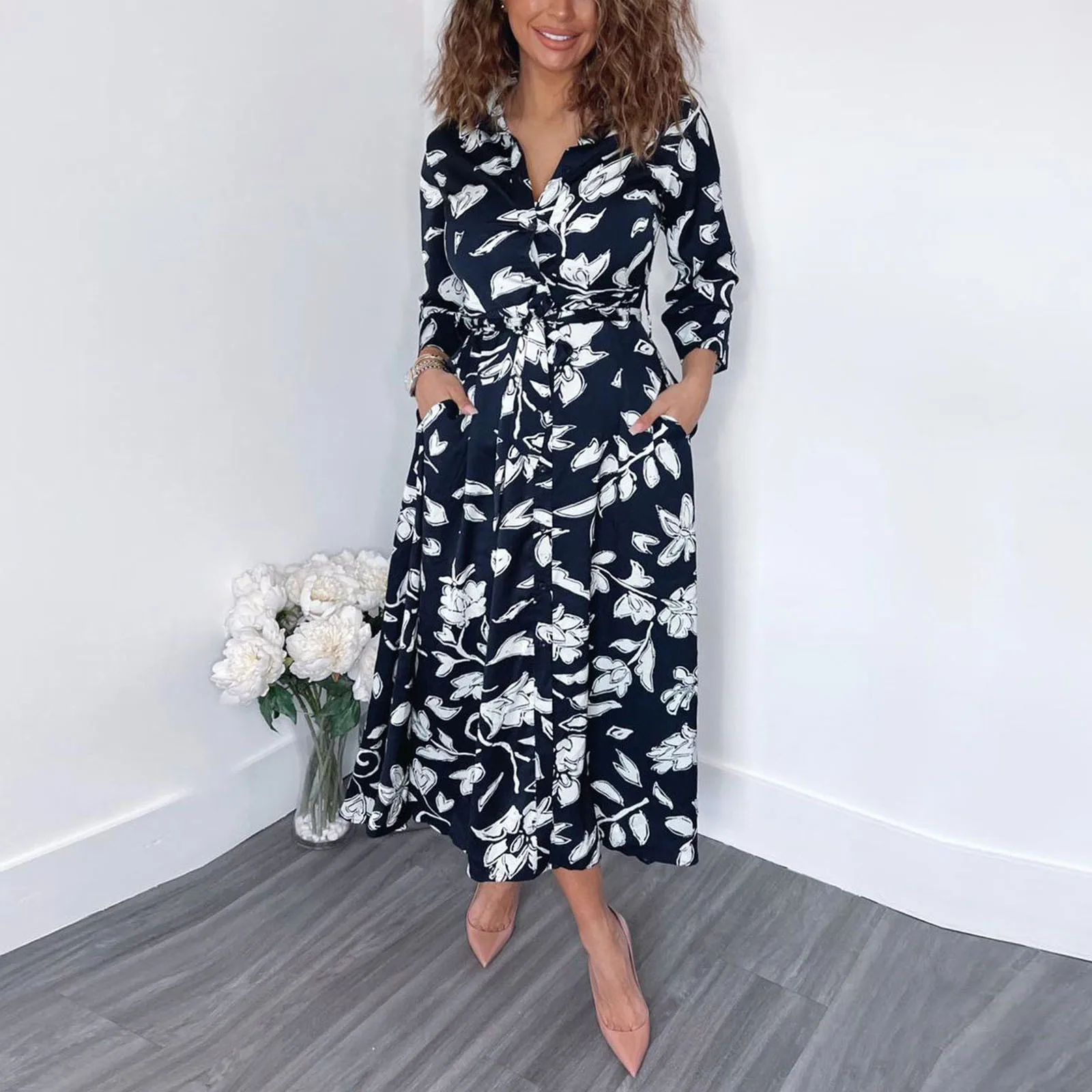 

Женское длинное платье с поясом, повседневное Хлопковое платье на пуговицах с длинным рукавом, цветочным принтом и отложным воротником, осень 2023