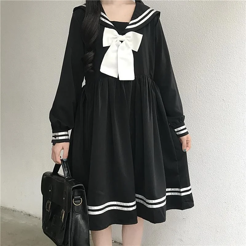 

Black Lolita Dress Women Bow Patchwork Loose Japanese Preppy Style Sailor Collar Kawaii Sleeve Dress Jk Girl Outfit vestidos