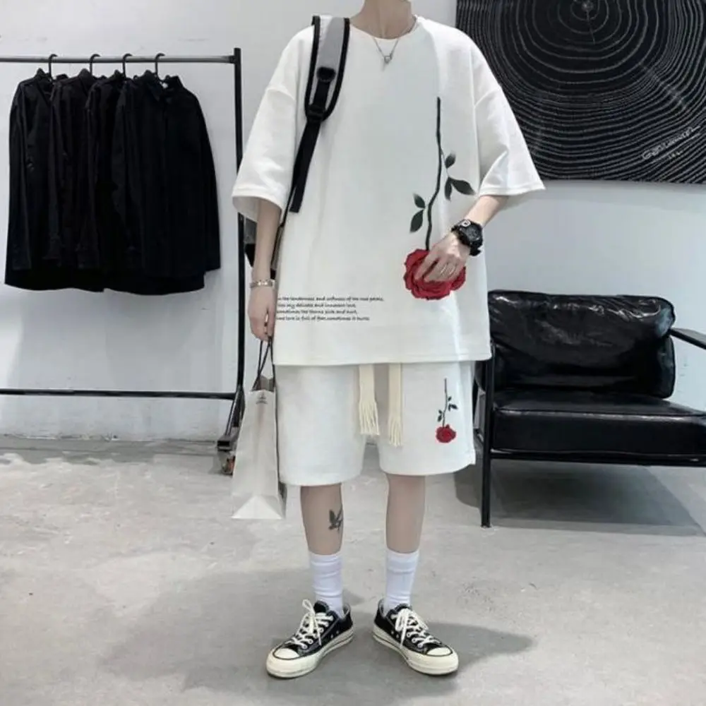 M-5XL Korean Fashion Streetwear Hip Hop Rose Casual Short  Suit Tshirt 2 Piece Set Summer Tracksuit Men Harajuku Oversize Tee