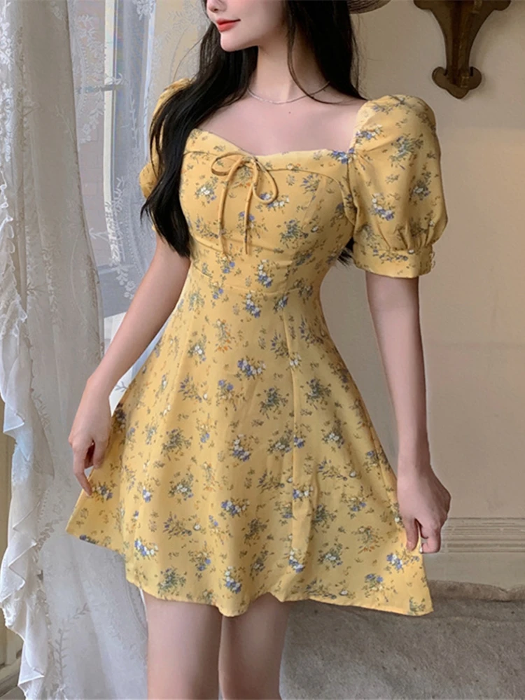 

Summer Vintage Floral Sleeveless Dress For Women Elegant Puff Sleeve A-Line Mini Dress Female Fashion Clothes