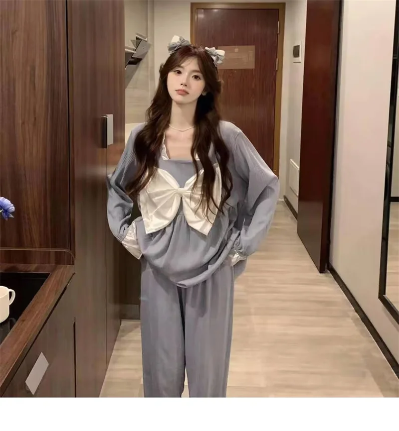 Cute Pajamas Set Full Sleeve Tops Long Pants 2Piece/Set Soft Bow Pyjama Big Size Sweet Homewear Cozy Plus Sleepwear