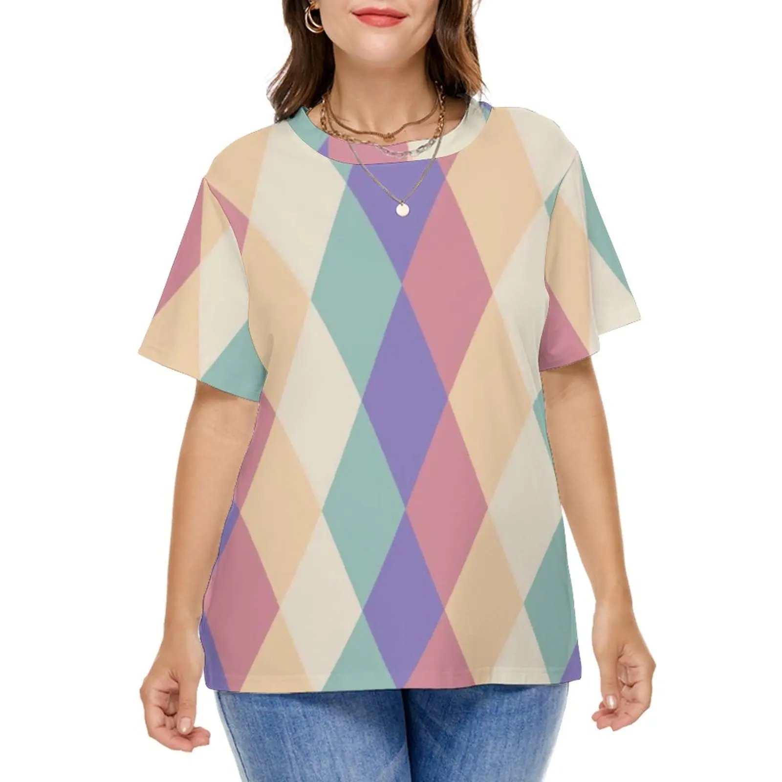 

Colorful Nordic T-Shirts Diamond Geometric Print Korean Fashion T Shirt Short Sleeve Female Aesthetic Tee Shirt Tops Plus Size