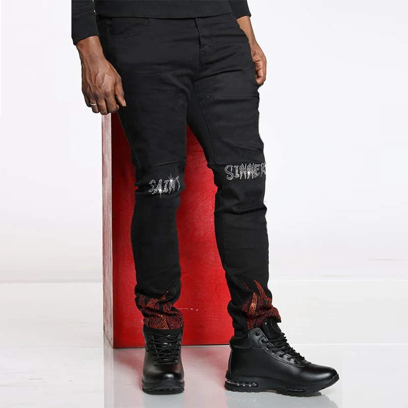 New Men's Stretchy Black Jeans Skinny Slim Fit Hot Drill Punk Streetwear Biker Trousers Man Rhinestone Hole Denim Pencil Pants