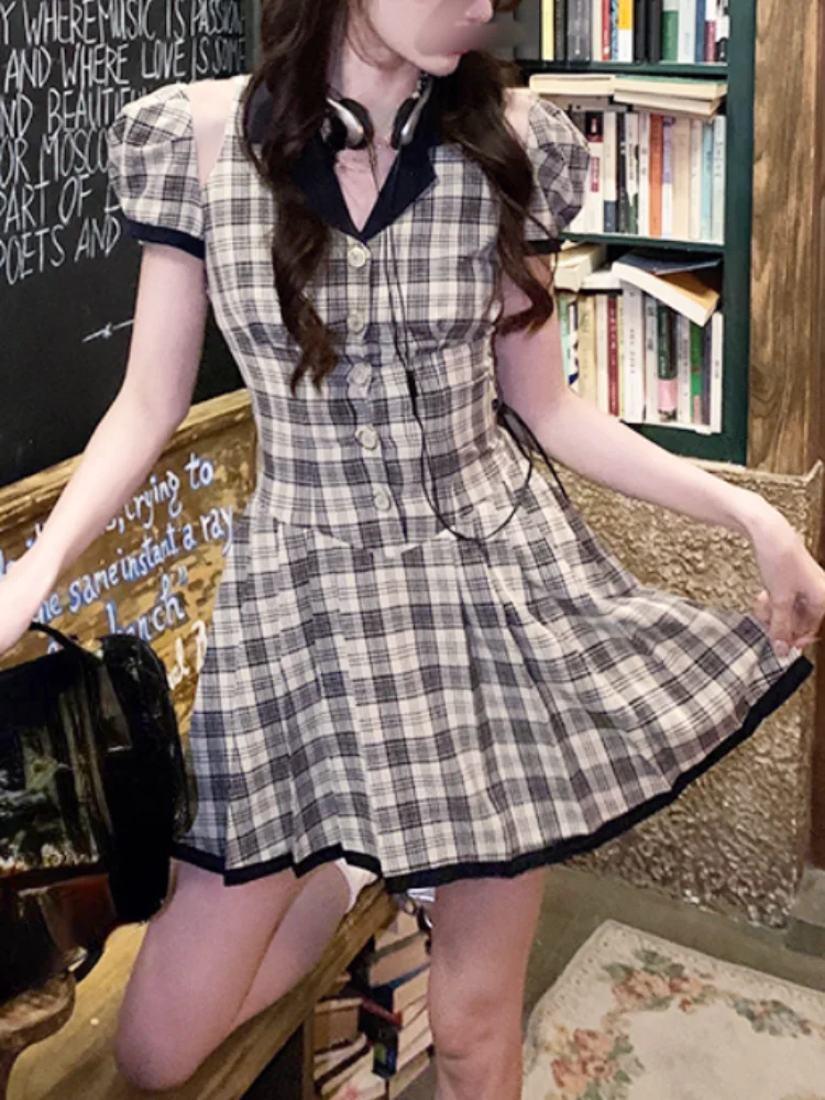 

Elegant Y2k Mini Dress Women Causal Short Sleeve Plaid Party Dress Office Lady Slim One Piece Dress Korean Fashion 2023 Summer