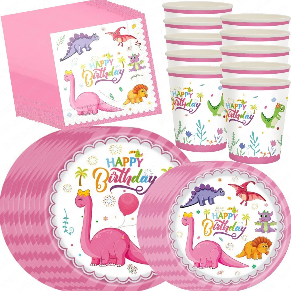 

Pink Dinosaur Birthday Decoration Supplies For Girls Kids Party Paper Plates Cups Napkins Tableware Set Serves 10 Guests