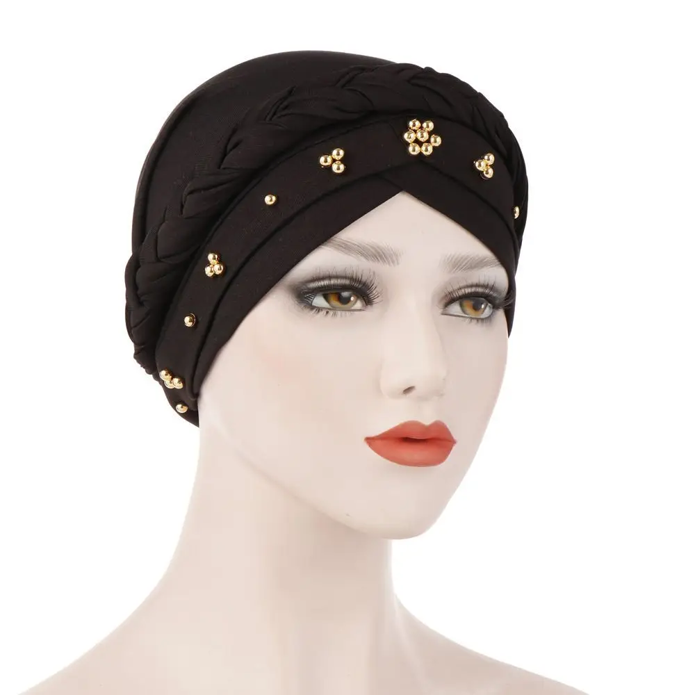 

Elegant For Girls Chemo Cap Twisted Bonnet Beaded Women African Wrap Turban Hat Braid Head Wraps Muslim Hijab