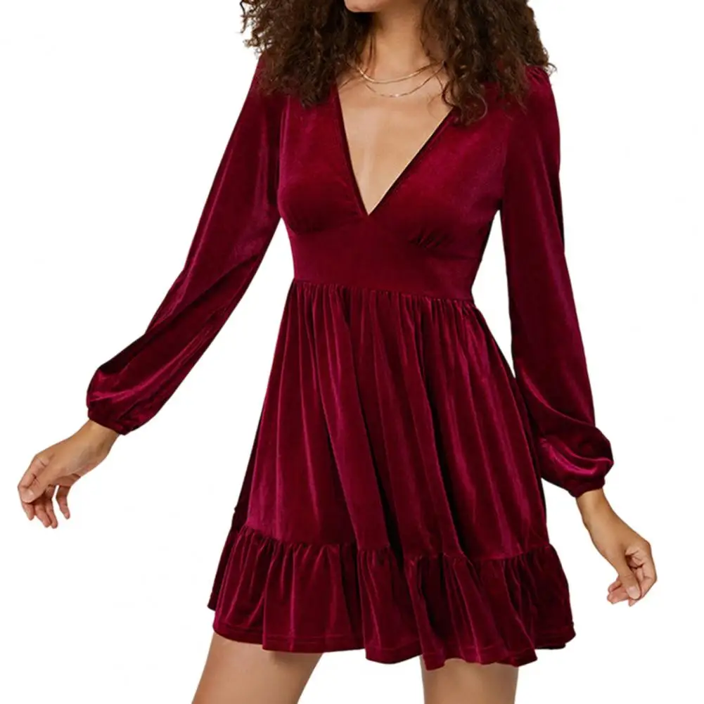 

Stylish Autumn Dress Deep V-Neck Skin-Touch Mini Dress Pure Color Pleated Ruffle Hem Short Dress