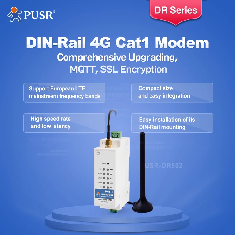PUSR Europe Socket Distribution Protocol Gsm Gprs Serial Rs485 4G LTE Cat 1 Cellular Modem USR-DR502-E