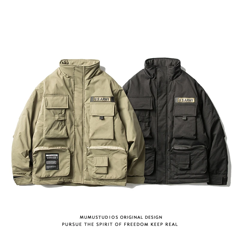 Retro Stand-up Collar Cotton-Padded Coat Men's Korean-Style Trendy Winter Multi-Pocket Thickened Functional Cotton-Padded Coat