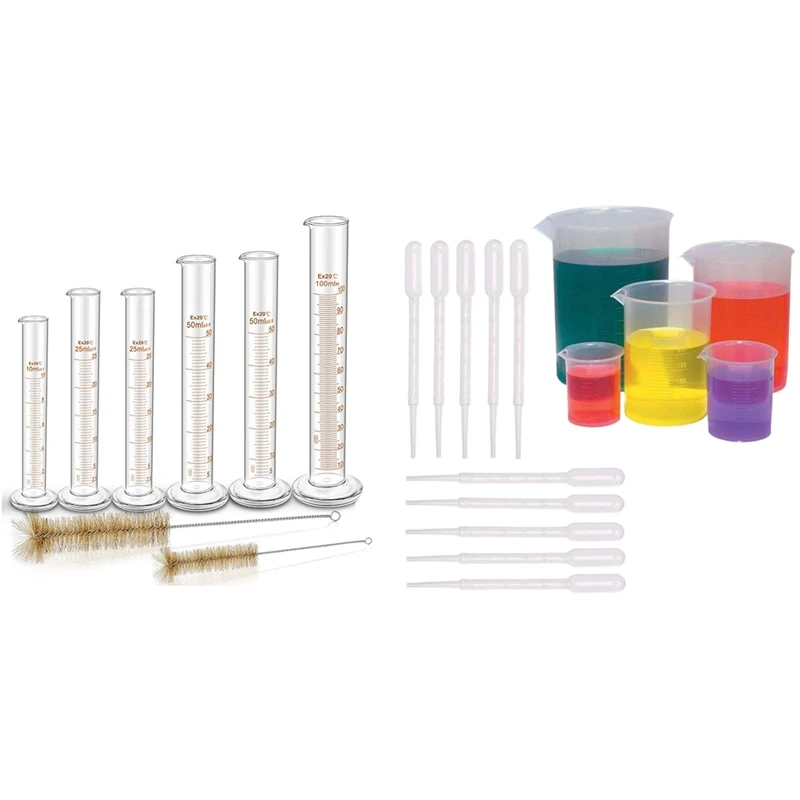 

1 Set Measuring Cups Set And Clear 3Ml Graduated Transfer Pipettes & 1 Set Thick Glass Graduated Measuring Cylinder Set