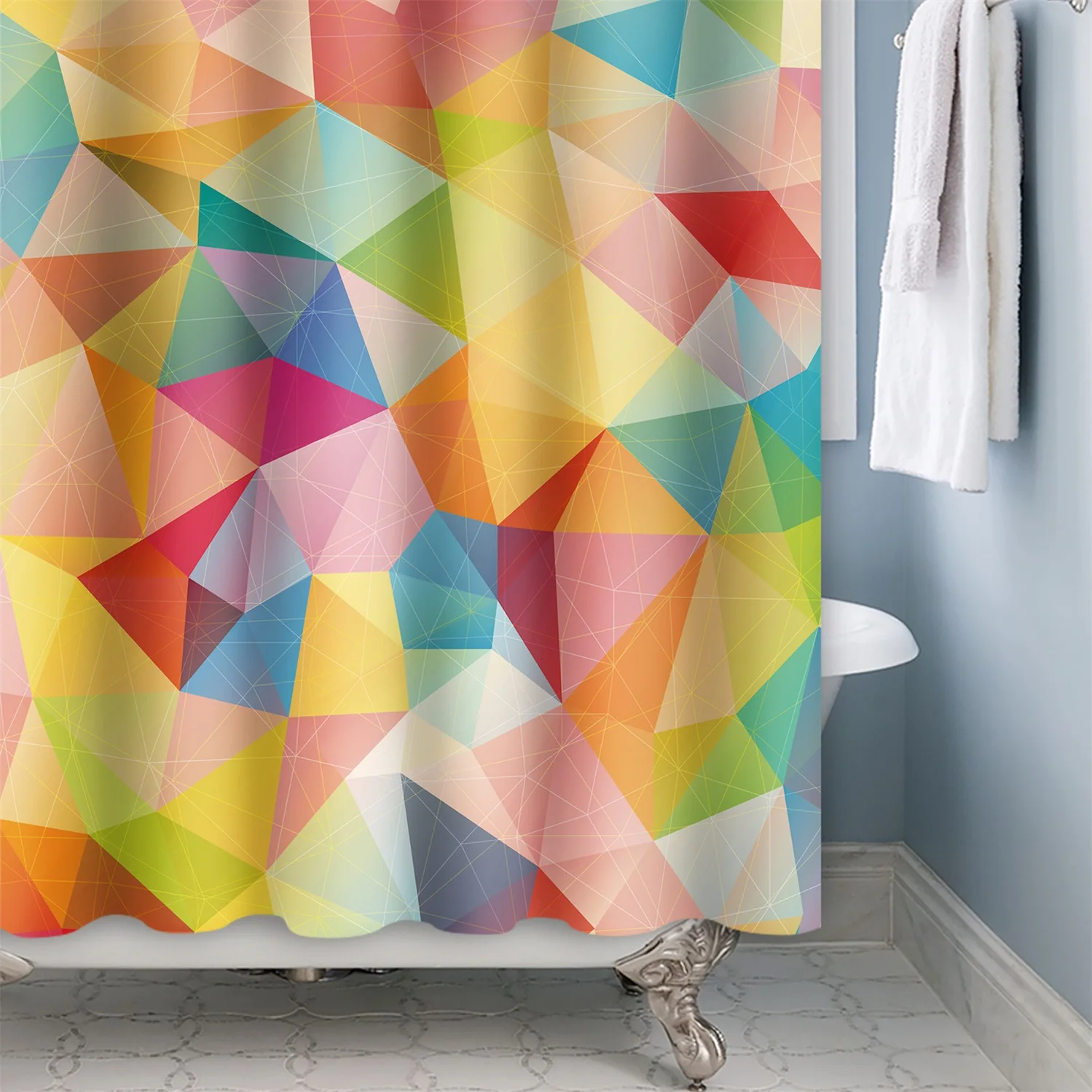 

Colorful Shower Curtain, Abstract Art Grid Mosaic Creative Image Triangle Geometric Artwork Print, Cloth Fabric Bathroom Decor