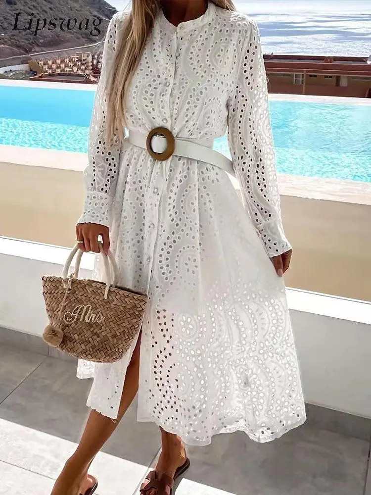 

Embroidery Hollow Sexy Loose Beach Dress Fashion Single-breasted Belt Shirt Dress Spring Summer Long Sleeve Women Party Dresses