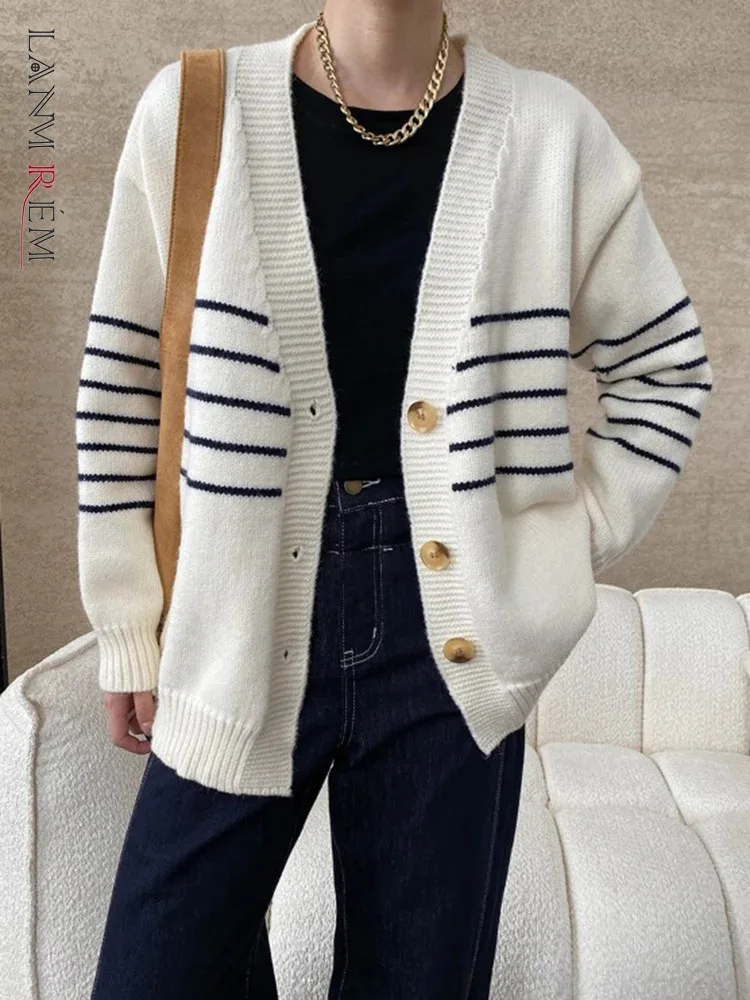 [LANMREM] Полосатый вязаный кардиган пальто для женщин однобортный офисный женский