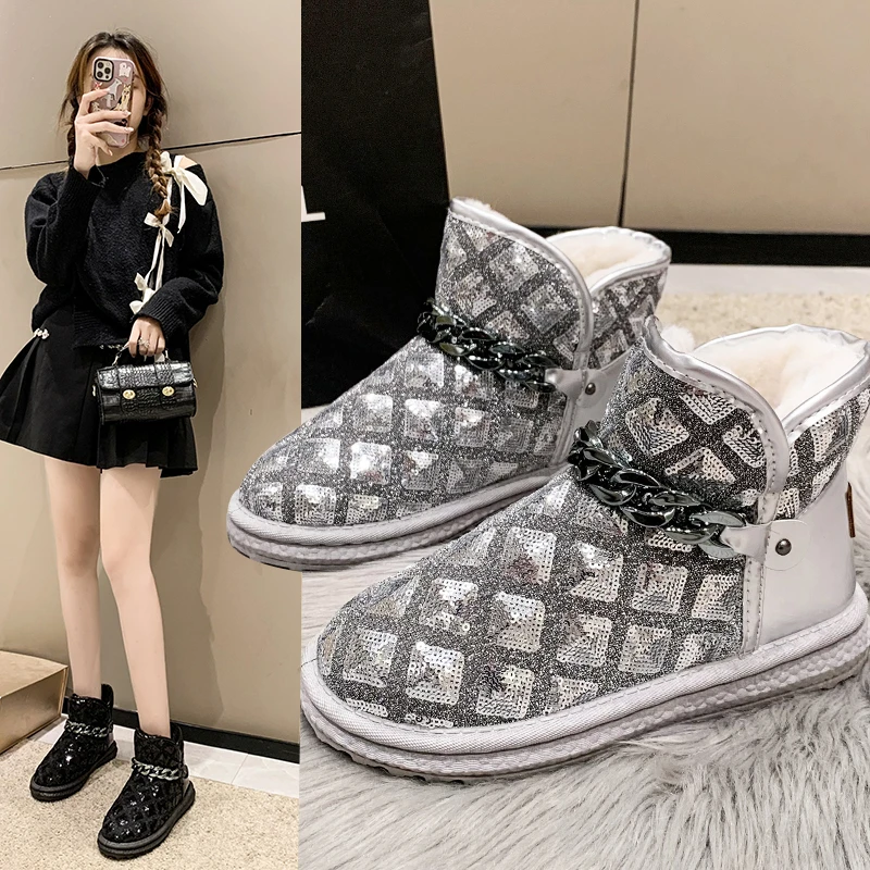 

Женские ботинки на толстой подошве, Теплые ботильоны из хлопка, с бархатной подкладкой, с круглым носком, с цепочкой, с блестками, размеры 36-42, для зимы, 2023