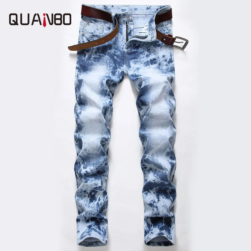 

2022 QUANBO светильник стираемые Прямые классические зауженные джинсы, модные состаренные Стрейчевые джинсы, брюки из джинсовой ткани